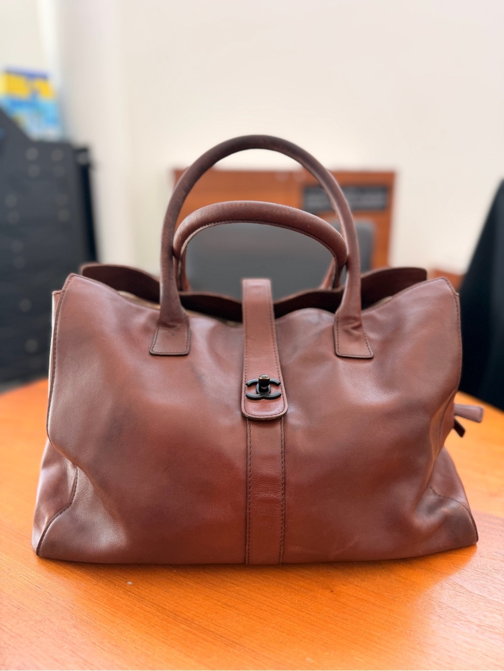 Vintage Chanel Classic Brown Leather Weekender Bag with Top Handles